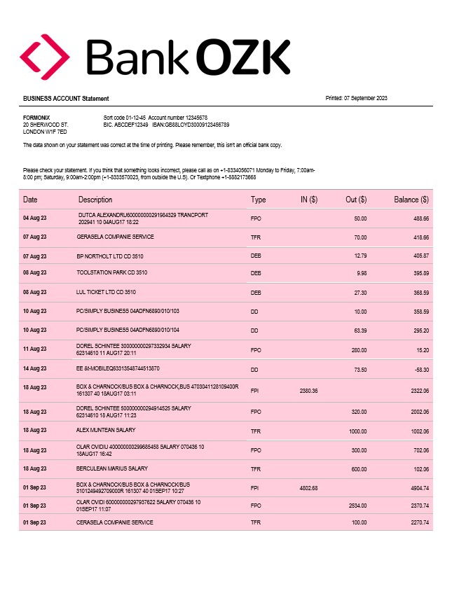 Modèle Word et PDF de relevé de compte d'entreprise de la Bank of the Ozarks